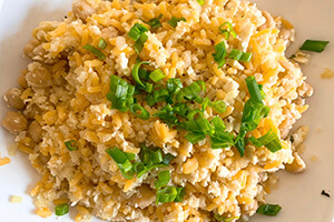 Riced cauliflower and chickpea saute on a plate