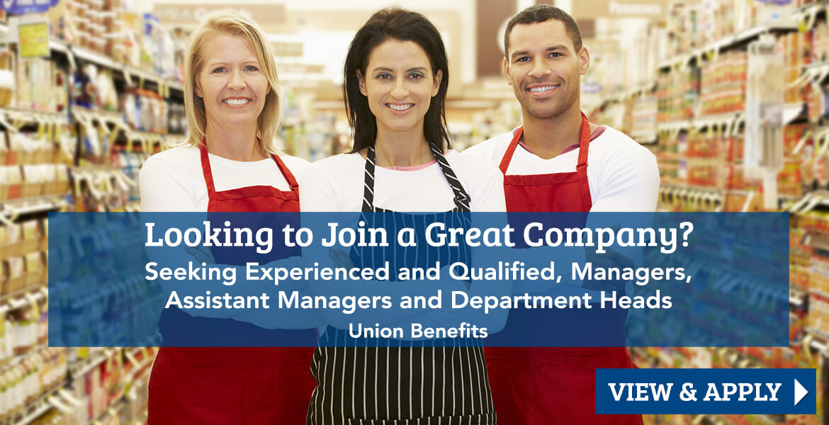 3 grocery store workers with text reading, looking to join a great company? Click to view and apply