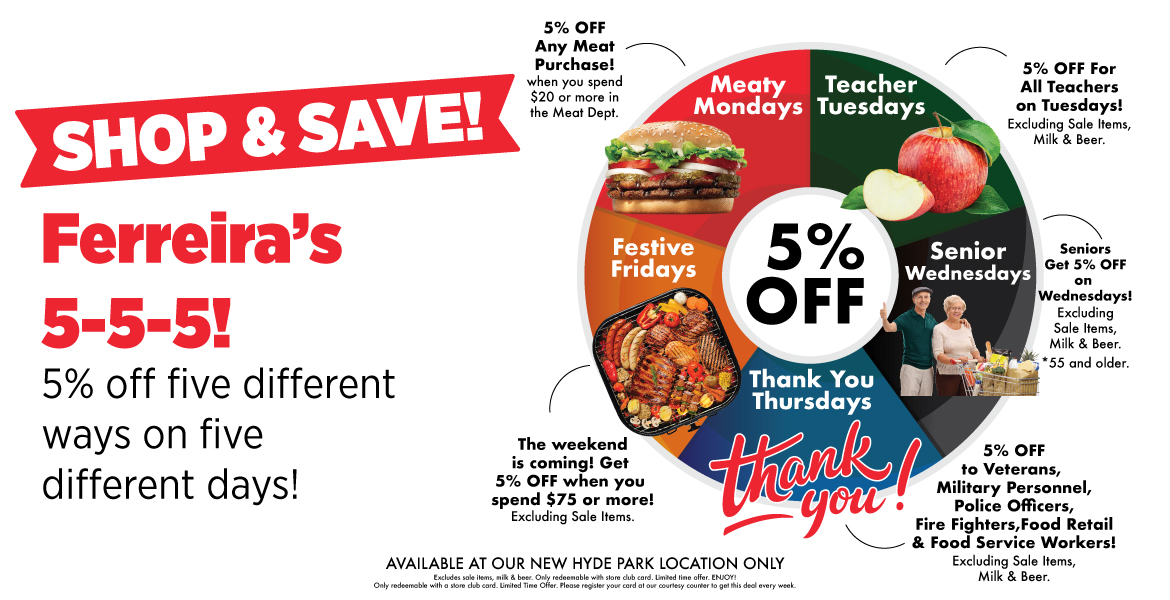 an ad advertising New Hyde Park Foodtown location. Text on the ad reads, shop and save with Ferreira's 5-5-5! 5% off five different ways on five different days!